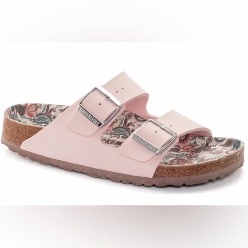 Birkenstock Sandals Vegan Birks Pale Pink Two Straps Big Buckles Printed Footbed - Picture 2 of 6